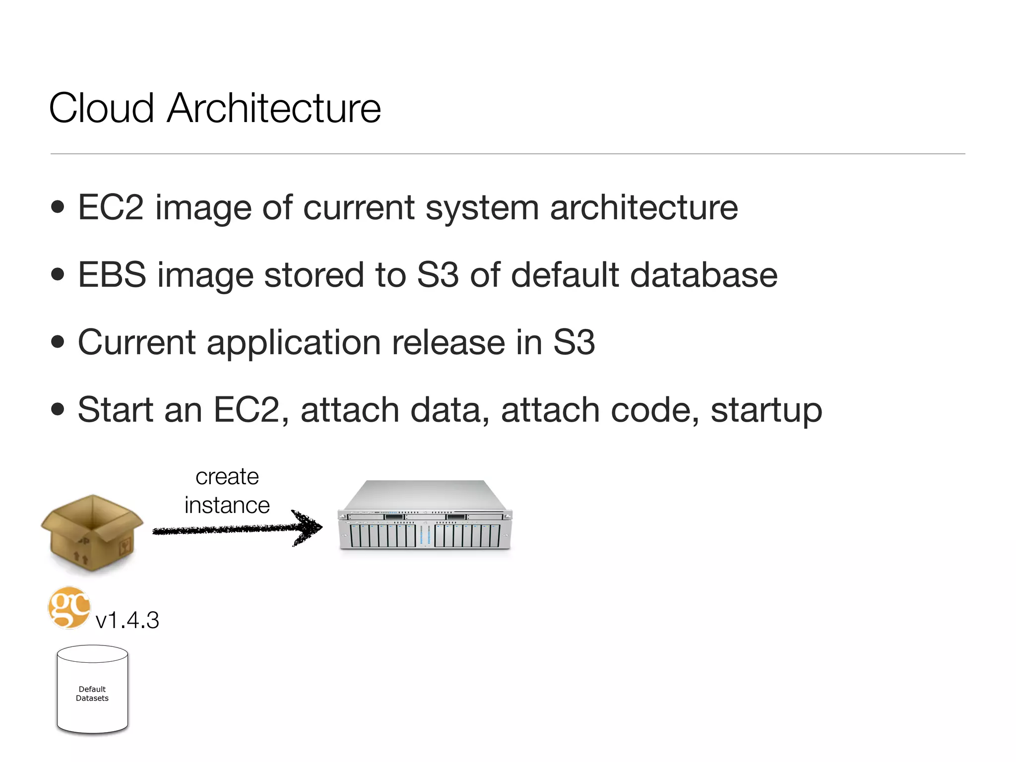 Cloud Architecture

• EC2 image of current system architecture
• EBS image stored to S3 of default database
• Current application release in S3
• Start an EC2, attach data, attach code, startup
                create
              instance



     v1.4.3

  Default
 Datasets
 
