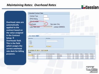 Maintaining Rates: Overhead Rates




Overhead rates are
automatically
applied to the
contract based on
the value assigned
in the Contract
Setup 
Overheads field.
This is the field
which assigns the
correct overhead
rate deck for billing
purposes.
 