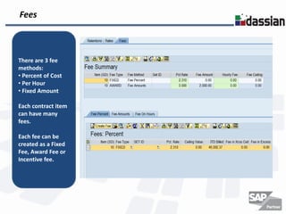 Fees



There are 3 fee
methods:
• Percent of Cost
• Per Hour
• Fixed Amount

Each contract item
can have many
fees.

Each fee can be
created as a Fixed
Fee, Award Fee or
Incentive fee.
 