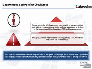 Government Contracting Challenges




                                Contractors to the U.S. Government must be able to manage multiple
                                contract types in accordance with the strictest regulations, as defined
                                   in the Federal Acquisition Regulation (FAR) and its supplements.



                                 Managing Contract Modifications, Funding Control, Fees, Retentions
                                                  and ACRNs can be a challenge.




 The Dassian Government Contracting Solution is designed to leverage the standard SAP capabilities
  and to provide additional functionality for modification management as well as billing execution.
 