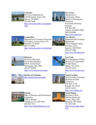 Colorado
Division of Registrations
1560 Broadway, Suite 1300
Denver, CO 80202
303-894-7690
http://www.dora.state.co.us/registra
tions

Connecticut
Department of Consumer Protection
165 Capitol Avenue, Room 110
Hartford, CT 06106
860-713-6000
http://www.dcp.state.ct.us/licensing
/

Delaware
Division of Revenue
Carvel State Building
820 N. French Street
Wilmington, DE 19801
302-577-82000
http://www.state.de.us/revenue
District of Columbia
http://dcra.dc.gov/dcra (pdf)

Florida
Dept. of Business and Professional
Regulation
1940 N. Monroe
Tallahassee, FL 3299-0783
850-487-1395
http://www.myfloridalicense.com

New Jersey
Department of
Community Affairs
Bureau of Homeowner
Protection
New Home Warranty
Program
P.O. Box 805
Trenton, NJ 08625-0805
609-530-8800
http://www.state.nj.us
New Mexico
Regulation and Licensing
Department
725 St. Michael's Drive
P.O. Box 25101
Santa Fe, NM 87504
505-827-7000
http://www.rld.state.nm.u
s
New York
NYS Department of State
Division of Corporations
41 State Street
Albany, NY 12231
518-473-2492
http://www.dos.state.ny.u
s/
North Carolina
North Carolina Licensing
Board for General
Contractors
P.O. Box 17187
Raleigh, NC 27619
919-571-4183
http://www.nclbgc.org
North Dakota
Secretary of State
600 East Boulevard
Avenue, Dept. 108
Bismarck, ND 58505
701-328-3556
https://secure.apps.state.n
d.us

 