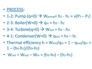 • PROCESS:
• 1-2: Pump (q=0)  Wpump= h2 - h1 = v(P2 – P1)
• 2-3: Boiler(W=0)  qin = h3 - h2
• 3-4: Turbine(q=0)  Wout = h3 - h4
• 4-1: Condenser(W=0)  qout = h4 – h1
• Thermal efficiency h = Wnet/qin = 1 – qout/qin =
1 – (h4-h1)/(h3-h2)
• Wnet = Wout – Win = (h3-h4) – (h2-h1)
 