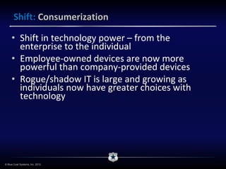 Shift: Consumerization

     • Shift in technology power – from the
       enterprise to the individual
     • Employee-owned devices are now more
       powerful than company-provided devices
     • Rogue/shadow IT is large and growing as
       individuals now have greater choices with
       technology




© Blue Coat Systems, Inc. 2012.
 