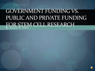 GOVERNMENT FUNDING VS.
PUBLIC AND PRIVATE FUNDING
FOR STEM CELL RESEARCH
By Ariane N. Davis
 