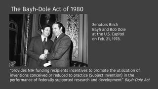 The Bayh-Dole Act of 1980
Senators Birch
Bayh and Bob Dole
at the U.S. Capitol
on Feb. 21, 1978.
“provides NIH funding rec...