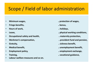 Scope / Field of labor administration
• Minimum wages, . protection of wages,
• Fringe-benefits, . bonus,
• Hours of work, . holidays,
• Leave, . physical working conditions,
• Occupational safety and health, . maternity protection,
• Workmen’s compensation, . provident fund and pension,
• Gratuity, . sickness benefit,
• Medical benefit, . unemployment benefit,
• Employment policy, . employment exchange,
• Training, . vocational guidance,
• Labour welfare measures and so on.
 