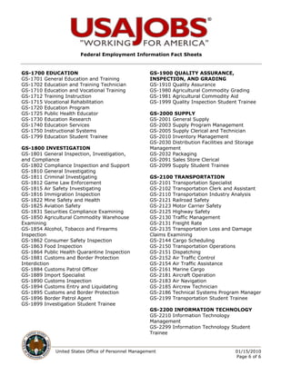 Federal Employment Information Fact Sheets


GS-1700 EDUCATION                                     GS-1900 QUALITY ASSURANCE,
GS-1701 General Education and Training                INSPECTION, AND GRADING
GS-1702 Education and Training Technician             GS-1910 Quality Assurance
GS-1710 Education and Vocational Training             GS-1980 Agricultural Commodity Grading
GS-1712 Training Instruction                          GS-1981 Agricultural Commodity Aid
GS-1715 Vocational Rehabilitation                     GS-1999 Quality Inspection Student Trainee
GS-1720 Education Program
GS-1725 Public Health Educator                        GS-2000 SUPPLY
GS-1730 Education Research                            GS-2001 General Supply
GS-1740 Education Services                            GS-2003 Supply Program Management
GS-1750 Instructional Systems                         GS-2005 Supply Clerical and Technician
GS-1799 Education Student Trainee                     GS-2010 Inventory Management
                                                      GS-2030 Distribution Facilities and Storage
GS-1800 INVESTIGATION                                 Management
GS-1801 General Inspection, Investigation,            GS-2032 Packaging
and Compliance                                        GS-2091 Sales Store Clerical
GS-1802 Compliance Inspection and Support             GS-2099 Supply Student Trainee
GS-1810 General Investigating
GS-1811 Criminal Investigating                        GS-2100 TRANSPORTATION
GS-1812 Game Law Enforcement                          GS-2101 Transportation Specialist
GS-1815 Air Safety Investigating                      GS-2102 Transportation Clerk and Assistant
GS-1816 Immigration Inspection                        GS-2110 Transportation Industry Analysis
GS-1822 Mine Safety and Health                        GS-2121 Railroad Safety
GS-1825 Aviation Safety                               GS-2123 Motor Carrier Safety
GS-1831 Securities Compliance Examining               GS-2125 Highway Safety
GS-1850 Agricultural Commodity Warehouse              GS-2130 Traffic Management
Examining                                             GS-2131 Freight Rate
GS-1854 Alcohol, Tobacco and Firearms                 GS-2135 Transportation Loss and Damage
Inspection                                            Claims Examining
GS-1862 Consumer Safety Inspection                    GS-2144 Cargo Scheduling
GS-1863 Food Inspection                               GS-2150 Transportation Operations
GS-1864 Public Health Quarantine Inspection           GS-2151 Dispatching
GS-1881 Customs and Border Protection                 GS-2152 Air Traffic Control
Interdiction                                          GS-2154 Air Traffic Assistance
GS-1884 Customs Patrol Officer                        GS-2161 Marine Cargo
GS-1889 Import Specialist                             GS-2181 Aircraft Operation
GS-1890 Customs Inspection                            GS-2183 Air Navigation
GS-1894 Customs Entry and Liquidating                 GS-2185 Aircrew Technician
GS-1895 Customs and Border Protection                 GS-2186 Technical Systems Program Manager
GS-1896 Border Patrol Agent                           GS-2199 Transportation Student Trainee
GS-1899 Investigation Student Trainee
                                                      GS-2200 INFORMATION TECHNOLOGY
                                                      GS-2210 Information Technology
                                                      Management
                                                      GS-2299 Information Technology Student
                                                      Trainee


             United States Office of Personnel Management                                01/15/2010
                                                                                         Page 6 of 6
 