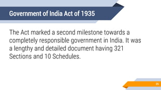 Government of India Act of 1935
The Act marked a second milestone towards a
completely responsible government in India. It was
a lengthy and detailed document having 321
Sections and 10 Schedules.
25
 