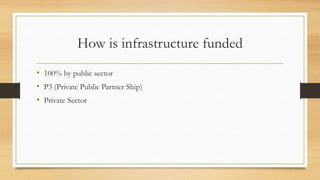 How is infrastructure funded
• 100% by public sector
• P3 (Private Public Partner Ship)
• Private Sector
 