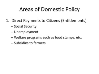Areas of Domestic Policy
1. Direct Payments to Citizens (Entitlements)
  – Social Security
  – Unemployment
  – Welfare programs such as food stamps, etc.
  – Subsidies to farmers
 