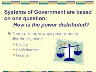 Systems of Government are based 
on one question: 
How is the power distributed? 
There are three ways governments 
distribute power: 
Unitary 
Confederation 
Federal 
 