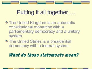 Putting it all together…. 
The United Kingdom is an autocratic 
constitutional monarchy with a 
parliamentary democracy and a unitary 
system. 
The United States is a presidential 
democracy with a federal system. 
What do those statements mean? 
 