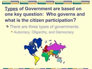 Types of Government are based on 
one key question: Who governs and 
what is the citizen participation? 
There are three types of governments: 
Autocracy, Oligarchy, and Democracy 
 