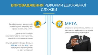ВПРОВАДЖЕННЯ РЕФОРМИ ДЕРЖАВНОЇ
СЛУЖБИ
Від ефективності держслужби
залежить успіх реформ у всіх
сферах суспільного життя.
Держслужба сьогодні
низькооплачувана, неконкурентна,
піддається політичним впливам
Кількість дерслужбовців - близько
250 тис. осіб. До 40% з них
одержують заробітну плату
на рівні мінімальної
Створення професійного, політично
нейтрального, зорієнтованого на потреби
громадян інституту держслужби
 