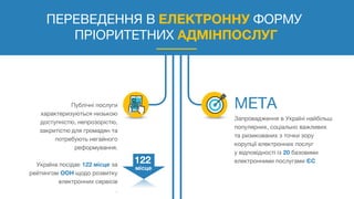 ПЕРЕВЕДЕННЯ В ЕЛЕКТРОННУ ФОРМУ
ПРІОРИТЕТНИХ АДМІНПОСЛУГ
Публічні послуги
характеризуються низькою
доступністю, непрозорістю,
закритістю для громадян та
потребують негайного
реформування.
Україна посідає 122 місце за
рейтингом ООН щодо розвитку
електронних сервісів
.
Запровадження в Україні найбільш
популярних, соціально важливих
та ризикованих з точки зору
корупції електронних послуг
у відповідності із 20 базовими
електронними послугами ЄС122
місце
 
