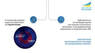 У плановому режимі
ведеться підготовка
до Євробачення
Здійснюються
усі необхідні кроки
для запуску Суспільного
мовлення, та роздержавлення
державних та комунальних ЗМІ
ЗАБЕЗПЕЧЕНО
ВИКОНАННЯ ВСІХ ЗАХОДІВ
ПО БЕЗВІЗОВОМУ РЕЖИМУ
 