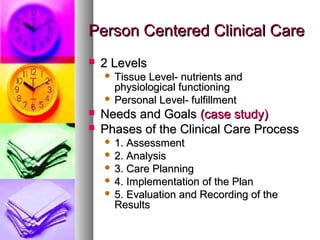 PPeerrssoonn CCeenntteerreedd CClliinniiccaall CCaarree 
 22 LLeevveellss 
 TTiissssuuee LLeevveell-- nnuuttrriieennttss aanndd 
pphhyyssiioollooggiiccaall ffuunnccttiioonniinngg 
 PPeerrssoonnaall LLeevveell-- ffuullffiillllmmeenntt 
 NNeeeeddss aanndd GGooaallss ((ccaassee ssttuuddyy)) 
 PPhhaasseess ooff tthhee CClliinniiccaall CCaarree PPrroocceessss 
 11.. AAsssseessssmmeenntt 
 22.. AAnnaallyyssiiss 
 33.. CCaarree PPllaannnniinngg 
 44.. IImmpplleemmeennttaattiioonn ooff tthhee PPllaann 
 55.. EEvvaalluuaattiioonn aanndd RReeccoorrddiinngg ooff tthhee 
RReessuullttss 
 