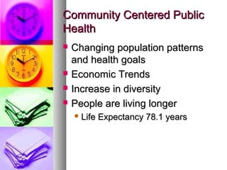 CCoommmmuunniittyy CCeenntteerreedd PPuubblliicc 
HHeeaalltthh 
 CChhaannggiinngg ppooppuullaattiioonn ppaatttteerrnnss 
aanndd hheeaalltthh ggooaallss 
 EEccoonnoommiicc TTrreennddss 
 IInnccrreeaassee iinn ddiivveerrssiittyy 
 PPeeooppllee aarree lliivviinngg lloonnggeerr 
LLiiffee EExxppeeccttaannccyy 7788..11 yyeeaarrss 
 
