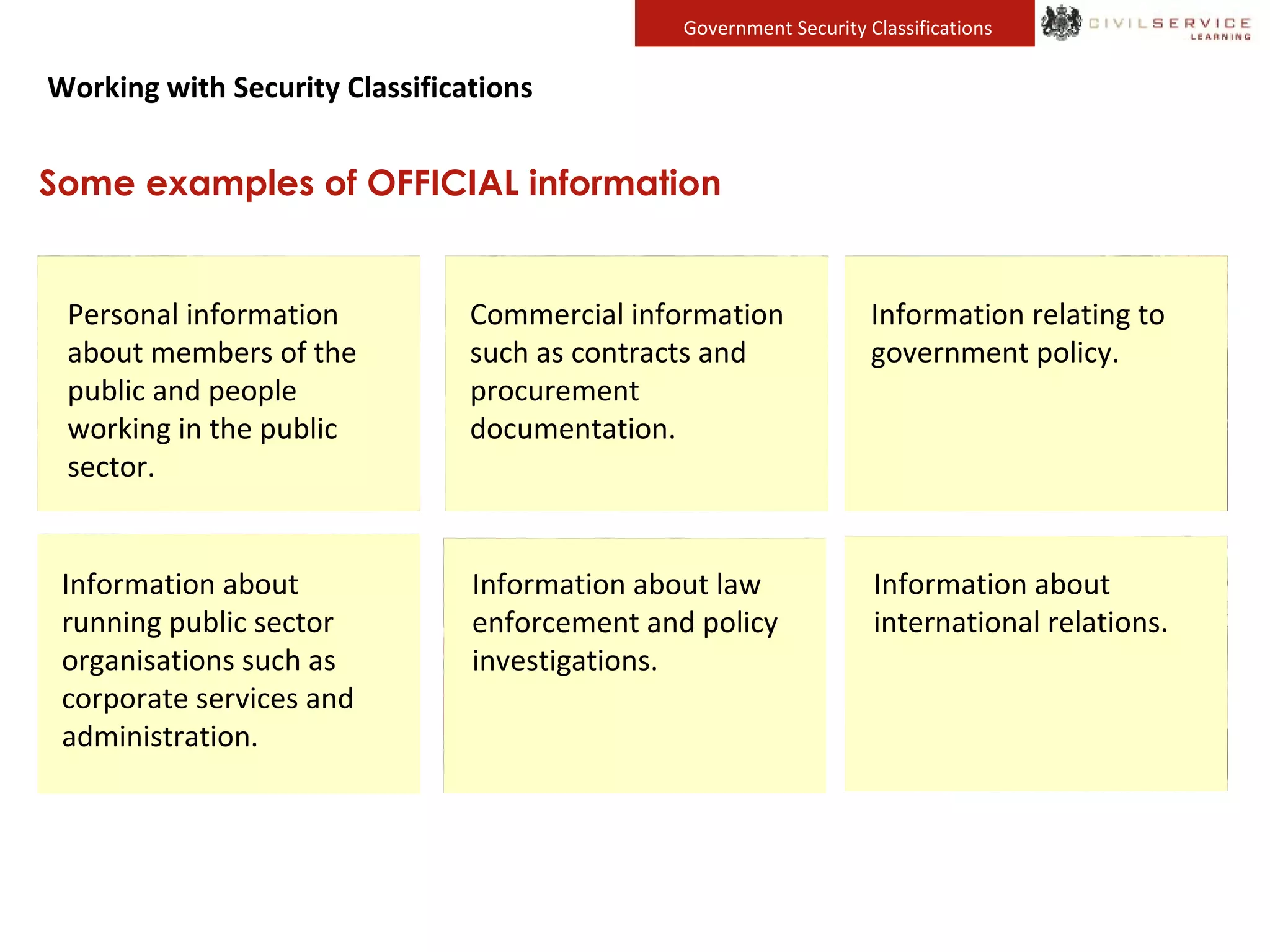 Information about
running public sector
organisations such as
corporate services and
administration.
Government Security Classifications
Working with Security Classifications
Some examples of OFFICIAL information
Personal information
about members of the
public and people
working in the public
sector.
Commercial information
such as contracts and
procurement
documentation.
Information relating to
government policy.
Information about law
enforcement and policy
investigations.
Information about
international relations.
 