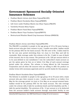 Edited By BAFI Department, Smt. MMP Shah Women’s College OF art & Commerce Page 1
Government Sponsored Socially Oriented
Insurance Schemes
 Pradhan Mantri Jeevan Jyoti Bima Yojana(PMJJBY)
 Pradhan Mantri Suraksha Bima Yojana(PMSBY)
 Life Cover under Pradhan Mantri Jan Dhan Yojana (PMJDY)
 Varishtha Pension Bima Yojana
 Pradhan Mantri Fasal Bima Yojana(PMFBY)
 Pradhan Mantri Vaya Vandana Yojana(PMVVY)
 Restructured Weather Based Crop Insurance Scheme (RWBCIS)
Pradhan Mantri Jeevan Jyoti Bima Yojana(PMJJBY)
The PMJJBY is available to people in the age group of 18 to 50 years having a
bank account who give their consent to join / enable auto-debit. Aadhar would
be the primary KYC for the bank account. The life cover of Rs. 2 lakhs shall be
for the one year period stretching from 1st June to 31st May and will be
renewable. Risk coverage under this scheme is for Rs. 2 Lakh in case of death
of the insured, due to any reason. The premium is Rs. 330 per annum which is
to be auto-debited in one installment f rom the subscriber’s bank account as
per the option given by him on or before 31st May of each annual coverage
period under the scheme. The scheme is being offered by Life Insurance
Corporation and all other life insurers who are willing to offer the product on
similar terms with necessary approvals and tie up with banks for this purpose.
Pradhan Mantri Suraksha Bima Yojana(PMSBY)
The Scheme is available to people in the age group 18 to 70 years with a bank
account who give their consent to join / enable auto-debit on or before 31st
May for the coverage period 1st June to 31st May on an annual renewal basis.
Aadhar would be the primary KYC for the bank account. The risk coverage
under the scheme isRs.2 lakh for accidental death and full disability and Rs. 1
lakh for partial disability. The premium of Rs. 12 per annum is to be deducted
from the account holder’s bank account through ‘auto-debit’ facility in one
 