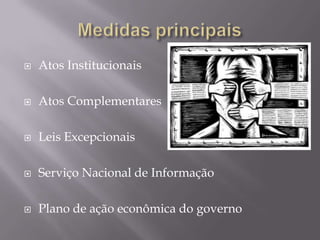 

Atos Institucionais



Atos Complementares



Leis Excepcionais



Serviço Nacional de Informação



Plano de ação econômica do governo

 