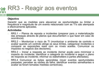 RR3 - Reagir aos eventos 
23 
Objectivo 
Garantir que as medidas para alavancar as oportunidades ou limitar a 
frequência e magnitude de um evento relacionado com as TI’s são atempada 
e efectivamente aplicadas. 
Actividades 
 RR3.1 – Planos de reposta a incidentes (preparar para a materialização 
das ameaças através de planos que documentem o que fazer em caso de 
ocorrência). 
 RR3.2 – Monitorizar o risco de TI (monitorizar o ambiente de controlo e 
avaliar quando um controlo atinge os seus limites, categorizar incidentes e 
comparar as exposições reais com os níveis aceites. Comunicar os 
impactos no negócio aos decisores). 
 RR3.3 – Iniciar a resposta ao incidente (tomar acção para minimizar o 
impacto do incidente; identificar a categoria do incidente e seguir o plano 
de resposta ao incidente; informar os stakeholders e partes afectadas). 
 RR3.4 Comunicar as lições aprendidas (rever eventos oportunidades 
passadas; perceber as razões da falha; identificar eventos semelhantes e 
avaliar se foram tomadas medidas correctivas). 
 