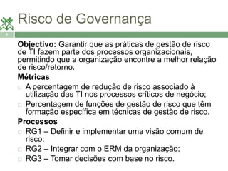 Risco de Governança 
6 
Objectivo: Garantir que as práticas de gestão de risco 
de TI fazem parte dos processos organizacionais, 
permitindo que a organização encontre a melhor relação 
de risco/retorno. 
Métricas 
 A percentagem de redução de risco associado à 
utilização das TI nos processos críticos de negócio; 
 Percentagem de funções de gestão de risco que têm 
formação específica em técnicas de gestão de risco. 
Processos 
 RG1 – Definir e implementar uma visão comum de 
risco; 
 RG2 – Integrar com o ERM da organização; 
 RG3 – Tomar decisões com base no risco. 
 