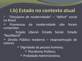  “Simulacro de modernidade” – “déficit” social
no Brasil
 Promessas da modernidade não foram
cumpridas:
Estado Liberal- Estado Social- Estado
“Neoliberal”
 Direito Público moderno – reaproximação de
valores:
 Dignidade da pessoa humana;
 Pluralismo Político;
 Probidade Administrativa.
5
 