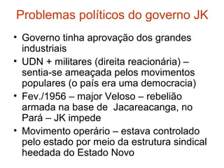 Problemas políticos do governo JK
• Governo tinha aprovação dos grandes
industriais
• UDN + militares (direita reacionária) –
sentia-se ameaçada pelos movimentos
populares (o país era uma democracia)
• Fev./1956 – major Veloso – rebelião
armada na base de Jacareacanga, no
Pará – JK impede
• Movimento operário – estava controlado
pelo estado por meio da estrutura sindical
heedada do Estado Novo
 