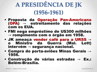13Prof.ª Valéria Fernandes 19/5/2014
A PRESIDÊNCIA DE JK
(1956-1961)
 