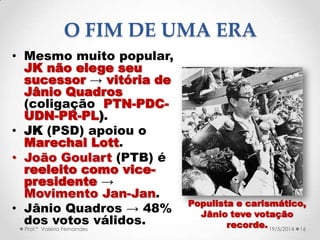 • Mesmo muito popular,
JK não elege seu
sucessor → vitória de
Jânio Quadros
(coligação PTN-PDC-
UDN-PR-PL).
• JK (PSD) apoiou o
Marechal Lott.
• João Goulart (PTB) é
reeleito como vice-
presidente →
Movimento Jan-Jan.
• Jânio Quadros → 48%
dos votos válidos.
16Prof.ª Valéria Fernandes 19/5/2014
O FIM DE UMA ERA
Populista e carismático,
Jânio teve votação
recorde.
 