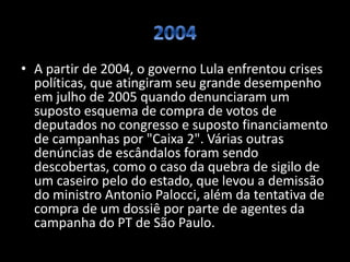 • A partir de 2004, o governo Lula enfrentou crises
políticas, que atingiram seu grande desempenho
em julho de 2005 quando denunciaram um
suposto esquema de compra de votos de
deputados no congresso e suposto financiamento
de campanhas por "Caixa 2". Várias outras
denúncias de escândalos foram sendo
descobertas, como o caso da quebra de sigilo de
um caseiro pelo do estado, que levou a demissão
do ministro Antonio Palocci, além da tentativa de
compra de um dossiê por parte de agentes da
campanha do PT de São Paulo.
 