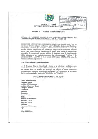 Governo municipal de irauçuba   edital nº 11 de 16 de dezembro de 2014