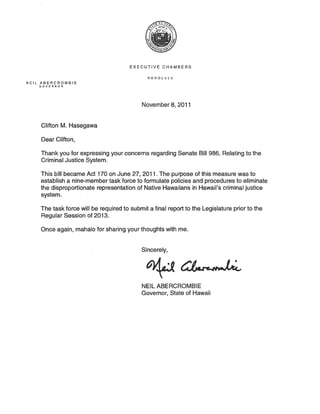 Governor Abercrombie   Letter to Clifton M Hasegawa - November 8 2011