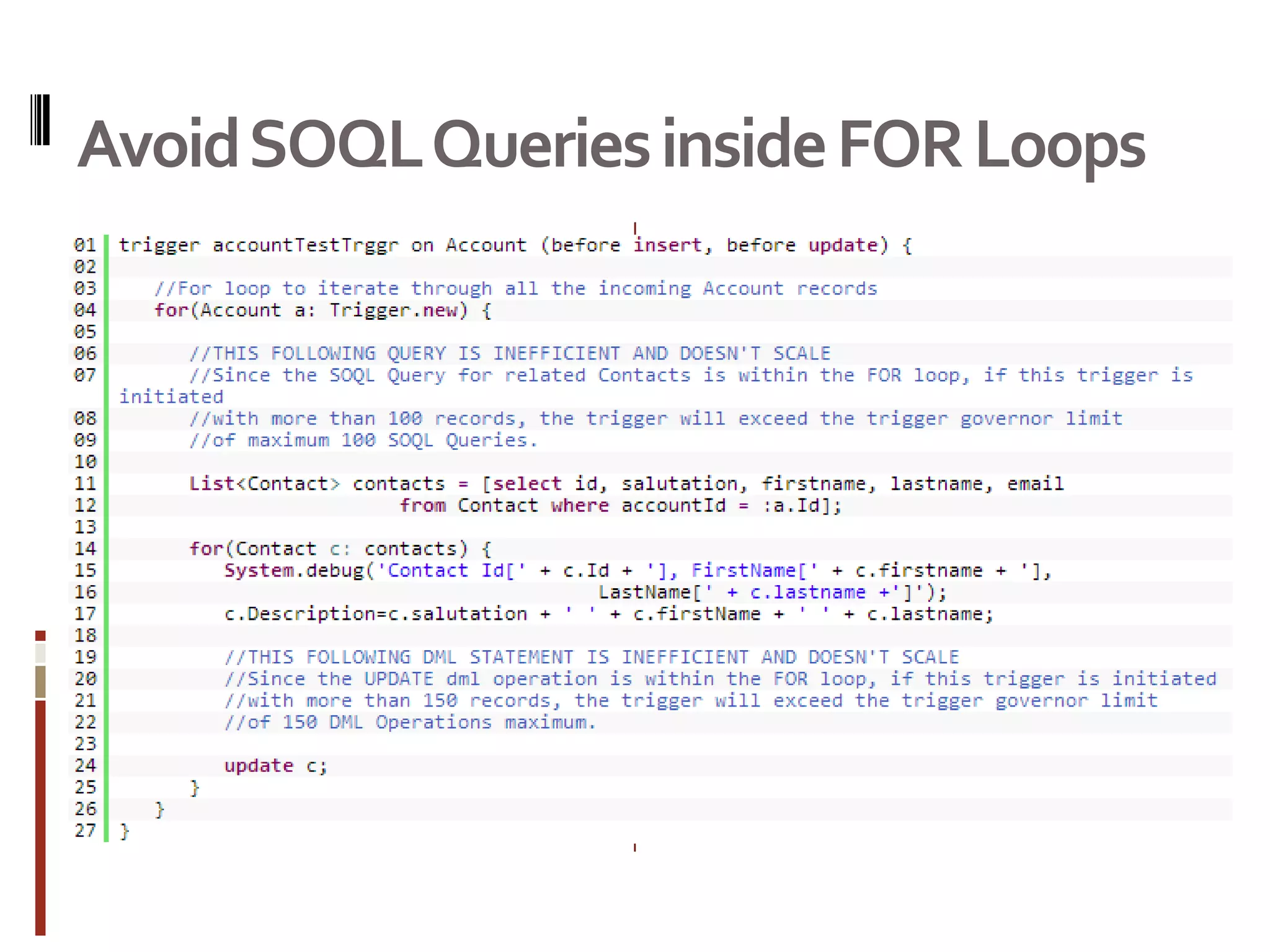 Avoid SOQL Queries inside FOR Loops
 