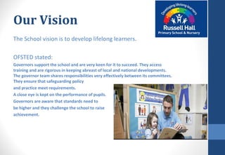 Our Vision
The School vision is to develop lifelong learners.
OFSTED stated:
Governors support the school and are very keen for it to succeed. They access
training and are rigorous in keeping abreast of local and national developments.
The governor team shares responsibilities very effectively between its committees.
They ensure that safeguarding policy
and practice meet requirements.
A close eye is kept on the performance of pupils.
Governors are aware that standards need to
be higher and they challenge the school to raise
achievement.
 