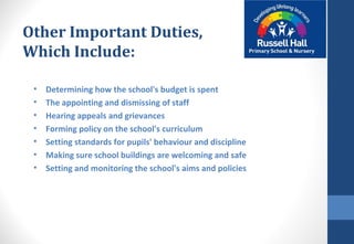 Other Important Duties,
Which Include:
• Determining how the school's budget is spent
• The appointing and dismissing of staff
• Hearing appeals and grievances
• Forming policy on the school's curriculum
• Setting standards for pupils' behaviour and discipline
• Making sure school buildings are welcoming and safe
• Setting and monitoring the school's aims and policies
 
