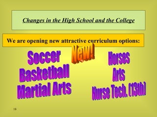 Changes in the High School and the College We are opening new attractive curriculum options: Soccer Basketball Martial Arts Horses Arts Nurse Tech. (13th) New! 
