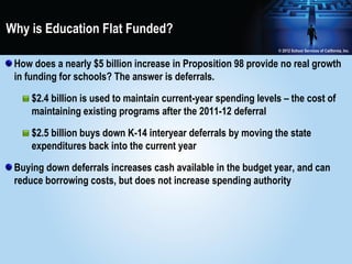 Why is Education Flat Funded?

 How does a nearly $5 billion increase in Proposition 98 provide no real growth
 in funding for schools? The answer is deferrals.

     $2.4 billion is used to maintain current-year spending levels – the cost of
     maintaining existing programs after the 2011-12 deferral

     $2.5 billion buys down K-14 interyear deferrals by moving the state
     expenditures back into the current year

 Buying down deferrals increases cash available in the budget year, and can
 reduce borrowing costs, but does not increase spending authority
 