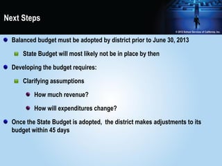 Next Steps

  Balanced budget must be adopted by district prior to June 30, 2013

      State Budget will most likely not be in place by then

  Developing the budget requires:

      Clarifying assumptions

          How much revenue?

          How will expenditures change?

  Once the State Budget is adopted, the district makes adjustments to its
  budget within 45 days
 