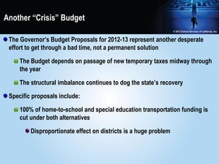 Another “Crisis” Budget

 The Governor’s Budget Proposals for 2012-13 represent another desperate
 effort to get through a bad time, not a permanent solution

     The Budget depends on passage of new temporary taxes midway through
     the year

     The structural imbalance continues to dog the state’s recovery

 Specific proposals include:

     100% of home-to-school and special education transportation funding is
     cut under both alternatives

         Disproportionate effect on districts is a huge problem
 