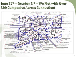 June 27th – October 3rd -- We Met with Over
300 Companies Across Connecticut
                                                                              Bradley Airport, Windsor Locks
                                                 Hartford Arts & Heritage,                                         STR,       Insurance Cluster Mtg, Hartford
                                                         Hartford          CIGNA, Hartford        UTC Power,       Enfield
                          Northwest Chamber,                                                                                     Dymotek, Ellington          CBIA, Hartford
                                                                                               South Windsor
                              Torrington
                                                                                                                                                                    Windham Chamber,
                                                                                                                                                                         Windham
                      Healthcare Forum,
                         Farmington
                             
                                                                                                                                                                        CCAT, East Hartford
          Job Funnel Program, New Britain
                        
                                                                                                                                                                          Oak Hill ,Hartford
  ACM Aerospace, Farmington
            
    Central Chamber, Bristol
                                                                                                                                                                        CT Bankers, Cromwell

                Seidel, Waterbury                                                                                                                                               
                                                                                                                                                                       Agriculture Meeting,
  B&B Association, Southbury
                                                                                                                                                                             Lebanon
  Quinnipiac Film, Hamden
      Curtis Packaging, Newtown                                                                                                                                             Mohegan Sun
 Boehringer Ingelheim, Danbury                                                                                                                                               & Foxwoods,
                                                                                                                                                                                Ledyard
  Chamber Meeting, Danbury
  Danbury Hospital, Danbury
                  Hologic, Danbury                                                                                                                                Applied Physical Science,
                                                                                                                                                                           Groton
   Greater Valley Chamber, Shelton
                                                                                                                      Proton
                  Jones Farm, Shelton                                                              Assa Abloy,                                                  Aquarium & Seaport, Mystic
                                                                                                                        Onsite,
                                                                                   New Haven         New Haven        Wallingford                             Seaside Village, Niantic
              WBDC, Stamford                                                       Chamber,
     Stamford Innovations,                                                        New Haven                            CTC, Wallingford               Eastern Chamber, Waterford
                                                                        
           Stamford                                                                                             CURE, New Haven                Middlesex Chamber, Middletown
                                                                    Sikorsky,                   
 Hedge Fund, Greenwich                            Lacey Manuf.,     Stratford             CT Innovations,     360 State Street, New Haven        Combined Colleges, Middletown
                                                     Bridgeport                              New Haven
   Blue Sky, Greenwich                      
                                       FactSetNorwalk                                                        AT&T, New Haven
                                                                         BIC, Milford   Avalence, Milford
                     Business Council of
                                                                                        Turnaround Mgmt., Milford
                 Fairfield County, Stamford
                                               Bridgeport Fittings, Stratford


                                                                                                                                                                                                 3
 