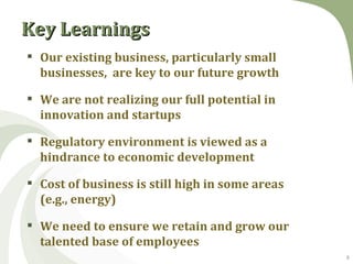 Key Learnings
  Our existing business, particularly small
What We’ve Learned
What We’ve Learnedkey to our future growth
   businesses, are

  We are not realizing our full potential in
   innovation and startups

  Regulatory environment is viewed as a
   hindrance to economic development

  Cost of business is still high in some areas
   (e.g., energy)

  We need to ensure we retain and grow our
   talented base of employees
                                                  6
 