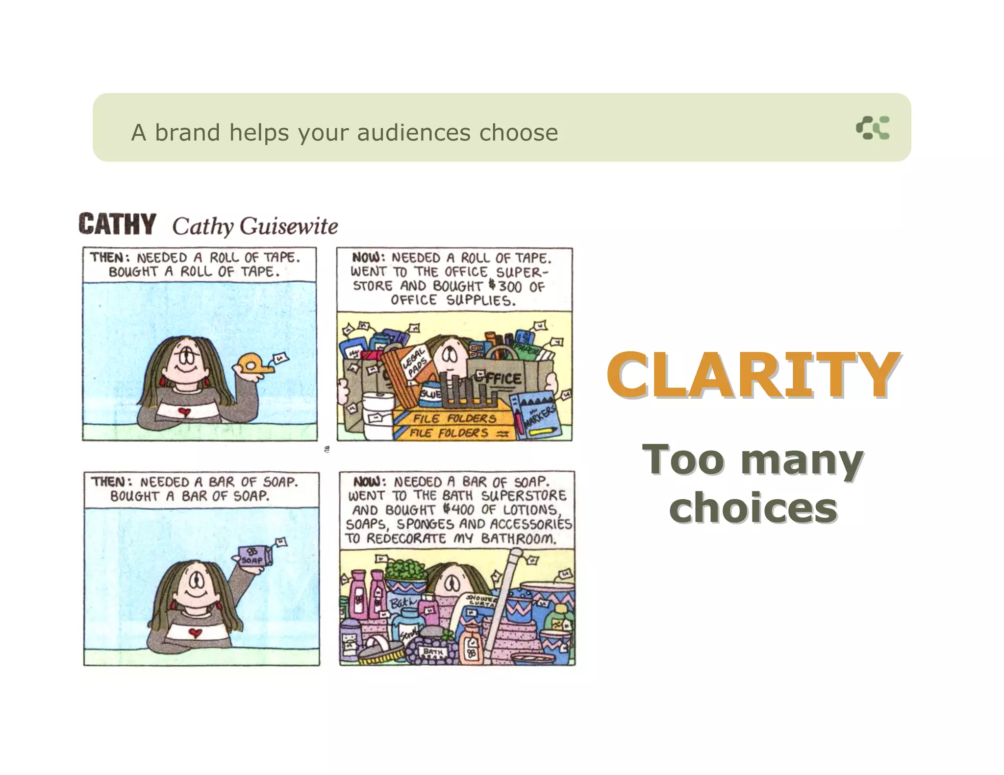 A brand helps your audiences choose




                                      CLARITY
                                      Too many
                                       choices
 