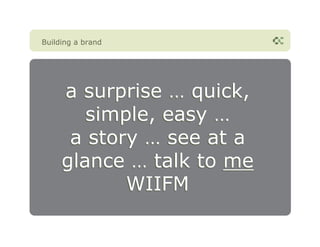 Building a brand




     a surprise … quick,
        simple, easy …
      a story … see at a
     glance … talk to me
            WIIFM
 