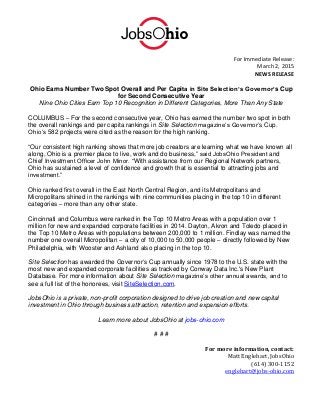 For Immediate Release:
March 2, 2015
NEWS RELEASE
Ohio Earns Number Two Spot Overall and Per Capita in Site Selection’s Governor’s Cup
for Second Consecutive Year
Nine Ohio Cities Earn Top 10 Recognition in Different Categories, More Than Any State
COLUMBUS – For the second consecutive year, Ohio has earned the number two spot in both
the overall rankings and per capita rankings in Site Selection magazine’s Governor’s Cup.
Ohio’s 582 projects were cited as the reason for the high ranking.
“Our consistent high ranking shows that more job creators are learning what we have known all
along, Ohio is a premier place to live, work and do business,” said JobsOhio President and
Chief Investment Officer John Minor. “With assistance from our Regional Network partners,
Ohio has sustained a level of confidence and growth that is essential to attracting jobs and
investment.”
Ohio ranked first overall in the East North Central Region, and its Metropolitans and
Micropolitans shined in the rankings with nine communities placing in the top 10 in different
categories – more than any other state.
Cincinnati and Columbus were ranked in the Top 10 Metro Areas with a population over 1
million for new and expanded corporate facilities in 2014. Dayton, Akron and Toledo placed in
the Top 10 Metro Areas with populations between 200,000 to 1 million. Findlay was named the
number one overall Micropolitan – a city of 10,000 to 50,000 people – directly followed by New
Philadelphia, with Wooster and Ashland also placing in the top 10.
Site Selection has awarded the Governor’s Cup annually since 1978 to the U.S. state with the
most new and expanded corporate facilities as tracked by Conway Data Inc.'s New Plant
Database. For more information about Site Selection magazine’s other annual awards, and to
see a full list of the honorees, visit SiteSelection.com.
JobsOhio is a private, non-profit corporation designed to drive job creation and new capital
investment in Ohio through business attraction, retention and expansion efforts.
Learn more about JobsOhio at jobs-ohio.com
# # #
For more information, contact:
Matt Englehart, JobsOhio
(614) 300-1152
englehart@jobs-ohio.com
 