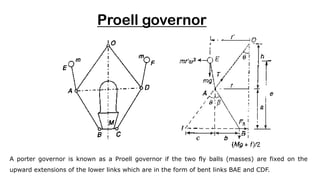 Proell governor
A porter governor is known as a Proell governor if the two fly balls (masses) are fixed on the
upward extensions of the lower links which are in the form of bent links BAE and CDF.
 