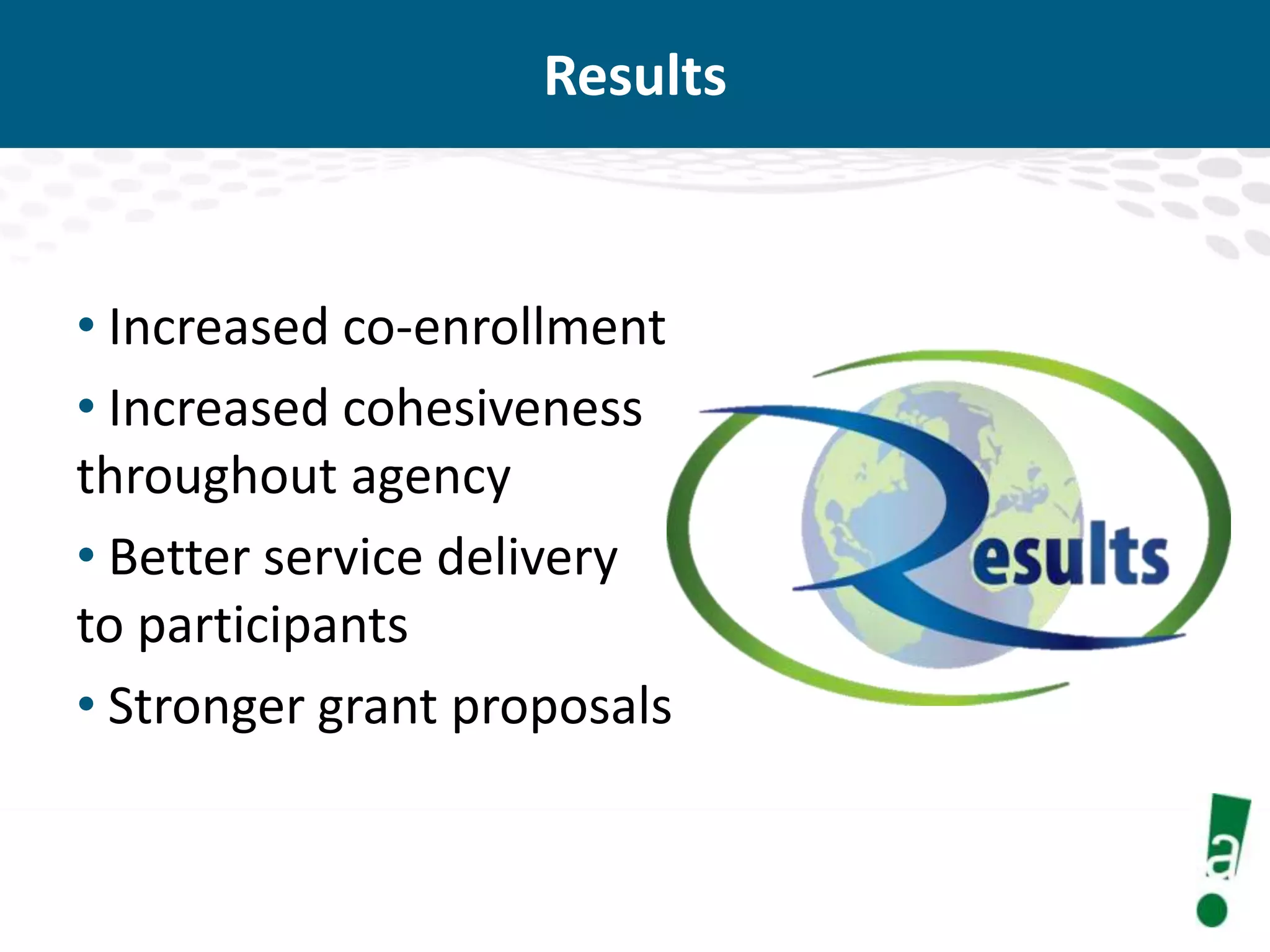 Results

• Increased co-enrollment
• Increased cohesiveness
throughout agency
• Better service delivery
to participants
• Stronger grant proposals

 