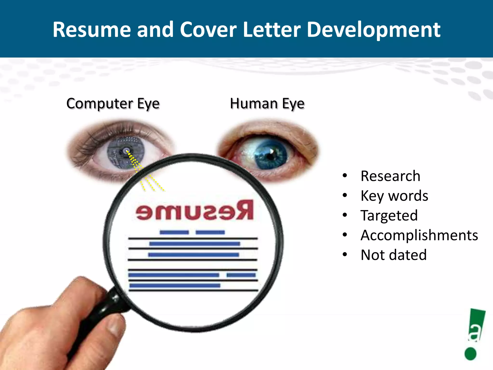 Resume and Cover Letter Development
Computer Eye

Human Eye

•
•
•
•
•

Research
Key words
Targeted
Accomplishments
Not dated

 