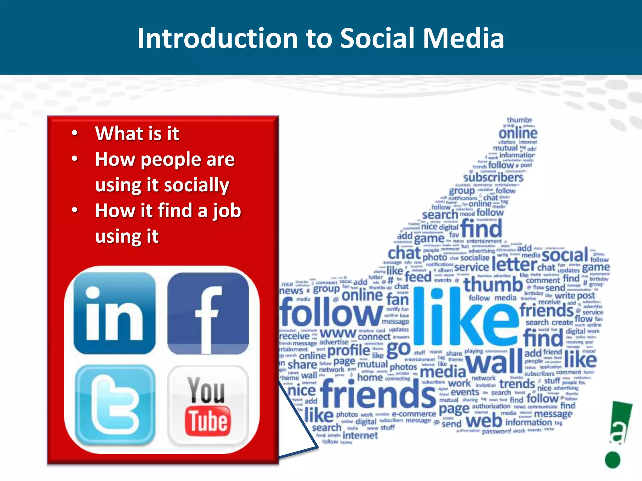 Introduction to Social Media
• What is it
• How people are
using it socially
• How it find a job
using it

 